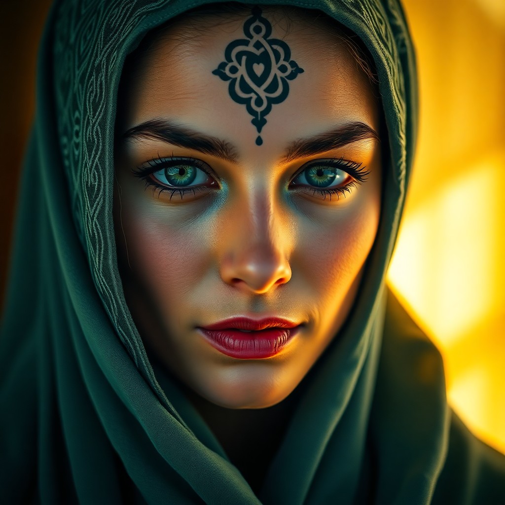 AI generated art for prompt: Envision a DSLR portrait of a Middle Eastern woman with captivating emerald eyes and fair skin, illu