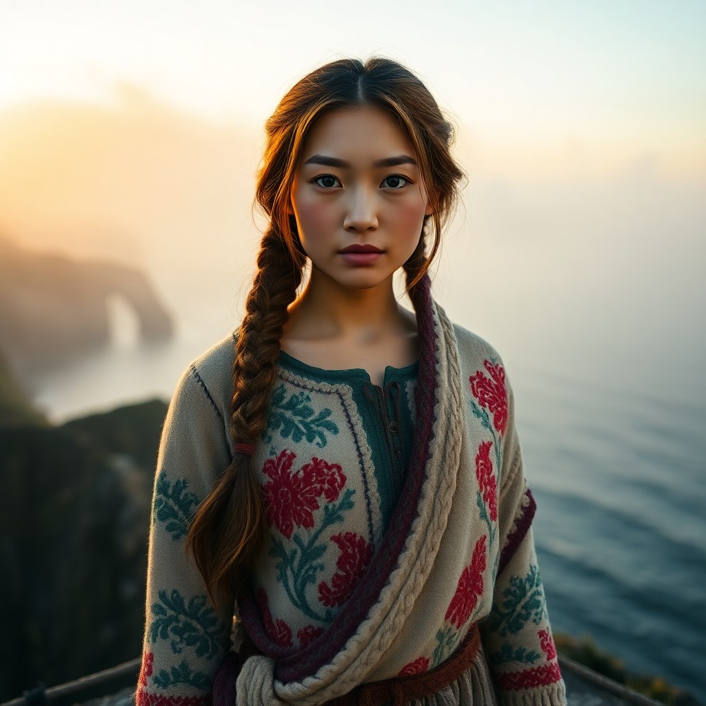 AI generated art for prompt: Envision a captivating portrait photograph, shot on film, of an East Asian woman with piercing blue 