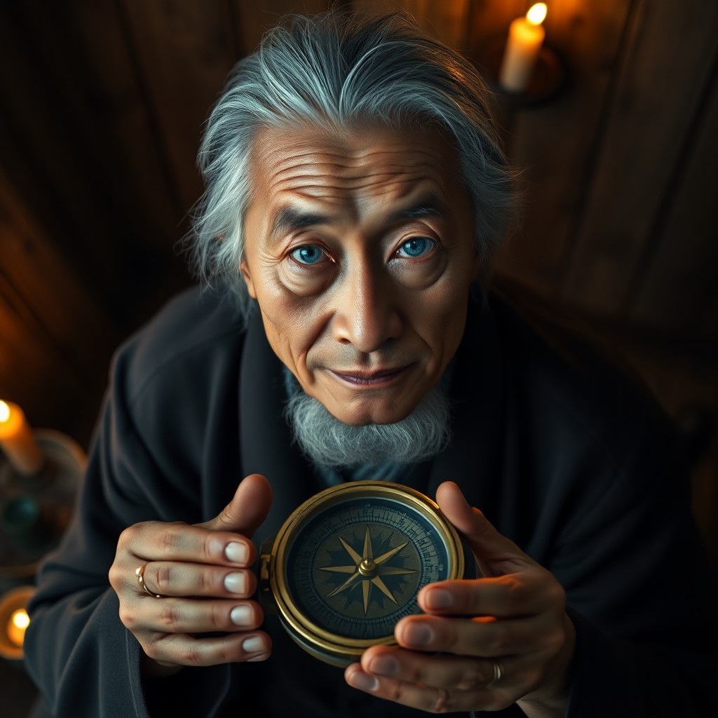 AI generated art for prompt: Craft a hyperrealistic portrait of an East Asian elder with striking blue eyes and silver-streaked h