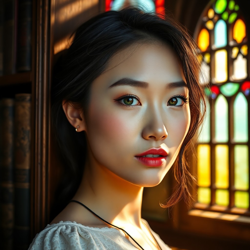 AI generated art for prompt: Imagine a captivating portrait photograph of a European-East Asian woman with porcelain skin and mes