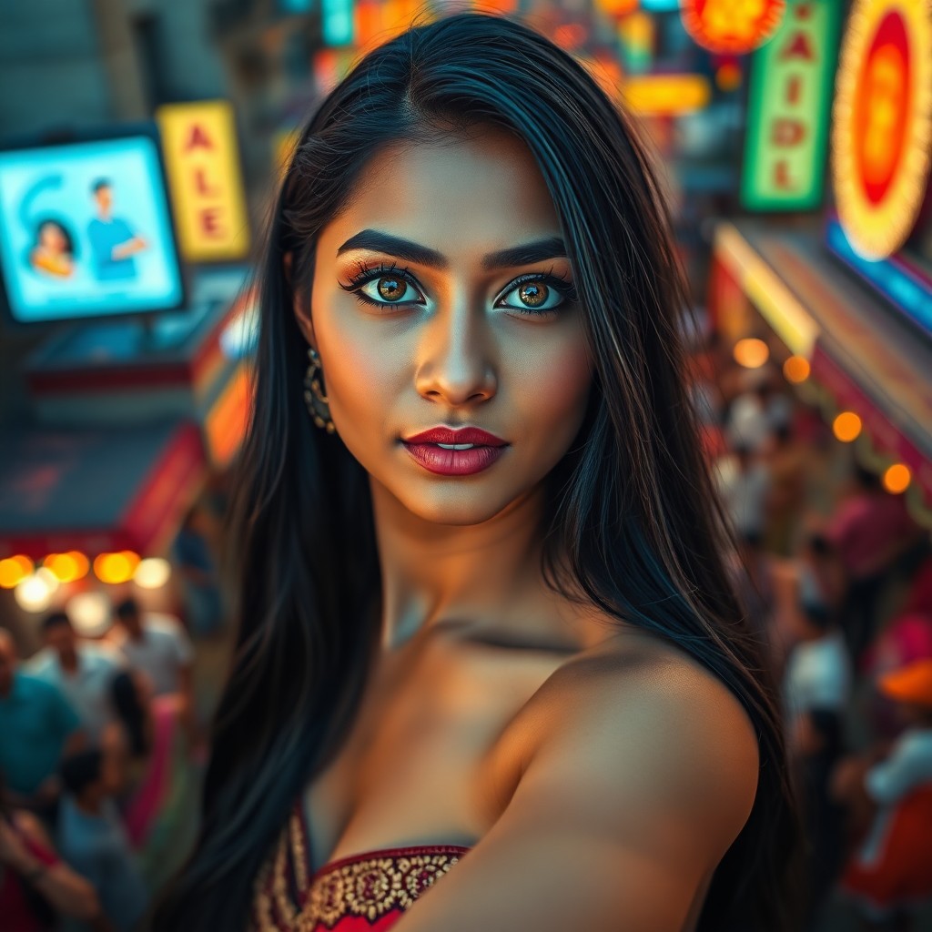 AI generated art for prompt: A photorealistic portrait photograph captures a South Asian woman's transparent gaze, her striking d