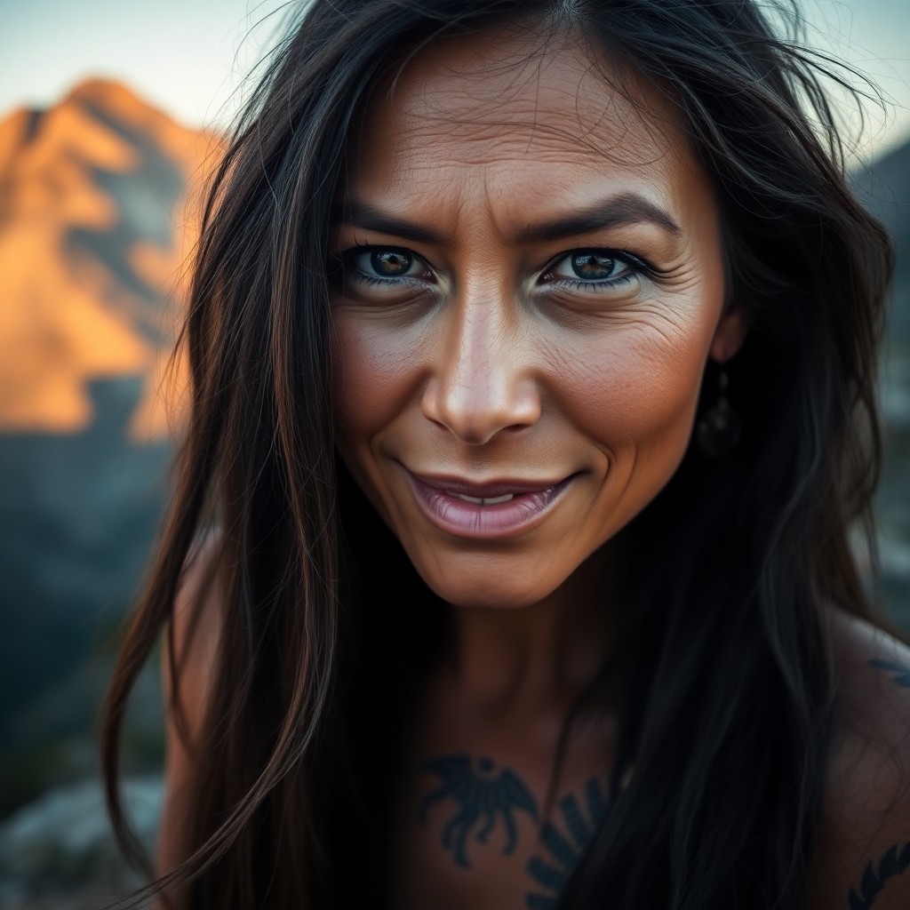 AI generated art for prompt: A captivating portrait photograph reveals a Native American woman's mysterious gaze, her deep soulfu