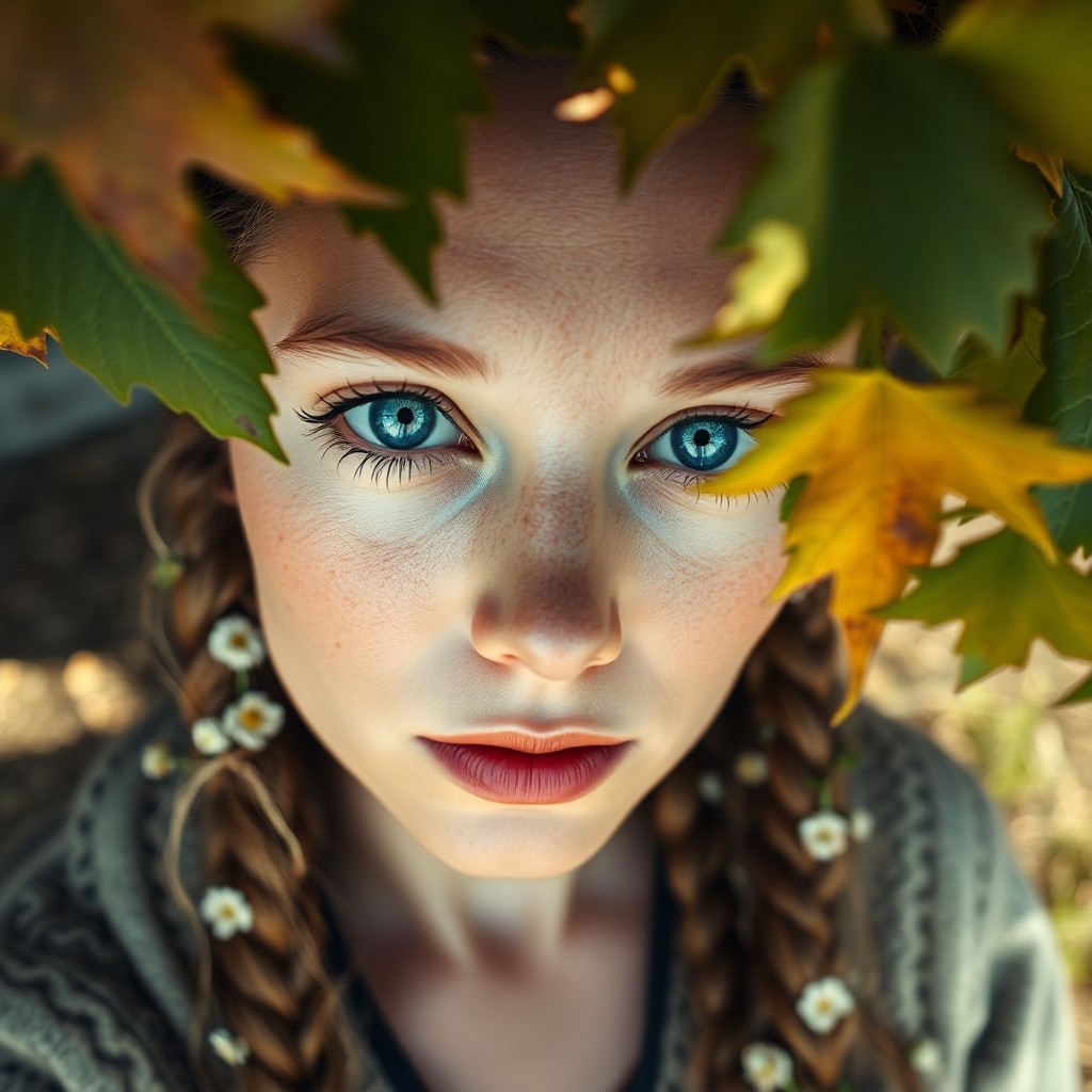 AI generated art for prompt: A mirrorless camera captures a serene yet enigmatic Native American woman with striking blue eyes, f