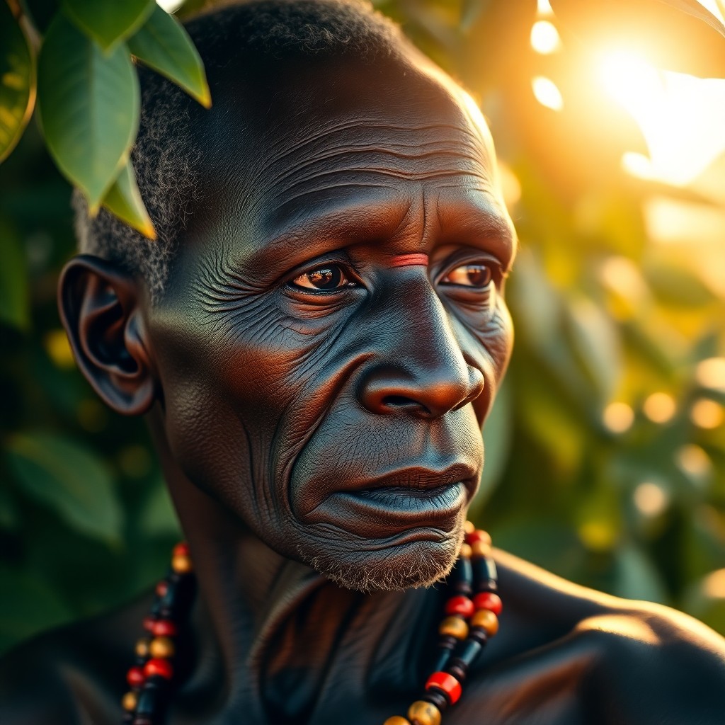 AI generated art for prompt: Imagine a portrait of an African tribal elder with smooth, dark skin and deep-set eyes, exuding cent