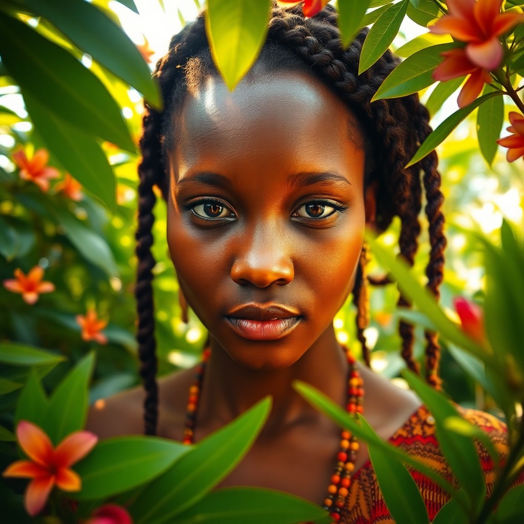 AI generated art for prompt: Imagine a serene African woman with warm honey skin and soulful brown eyes, her hair intricately bra