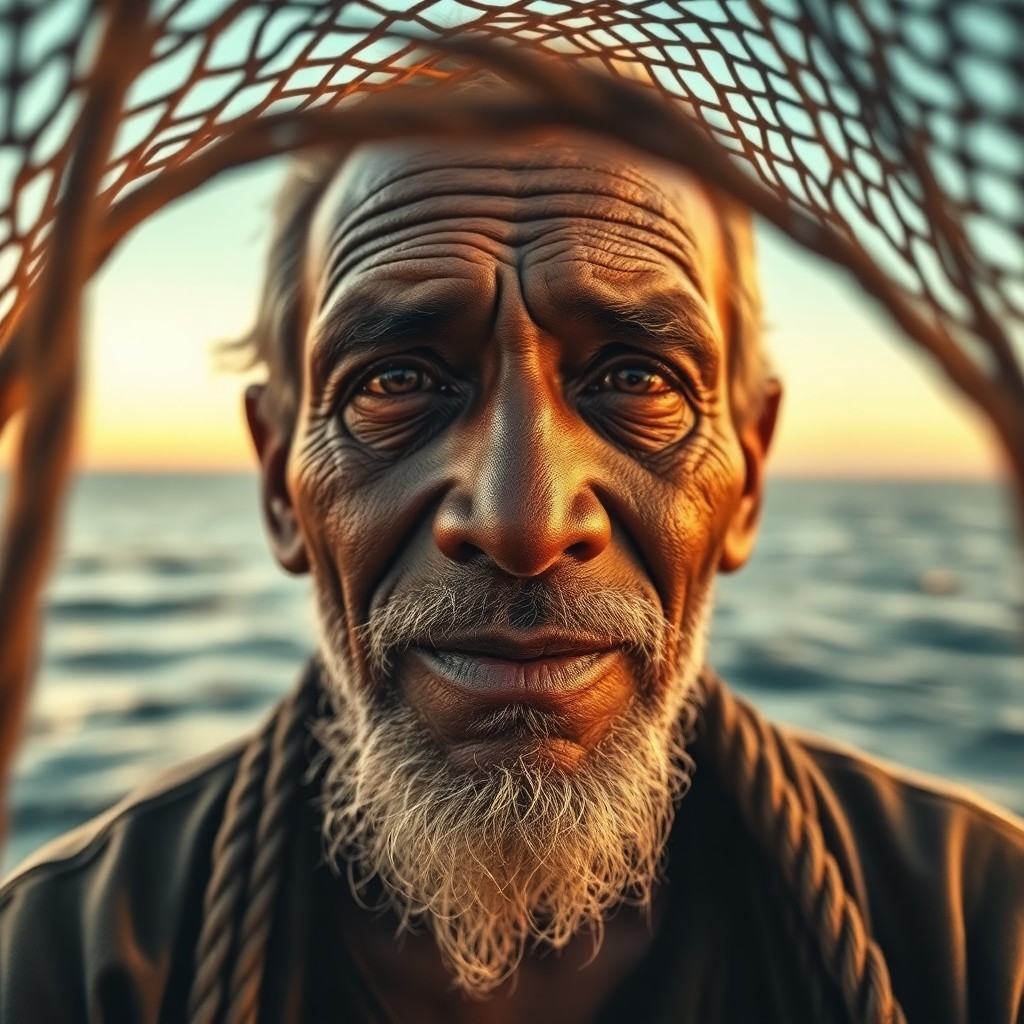 AI generated art for prompt: Craft a super-realistic portrait of an aged African fisherman with warm brown eyes and sun-kissed sk