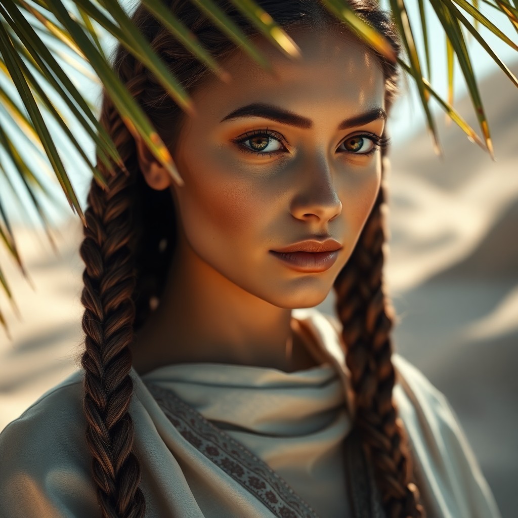 AI generated art for prompt: Craft a hyperrealistic portrait of a Middle Eastern woman with captivating honey-brown eyes and lust