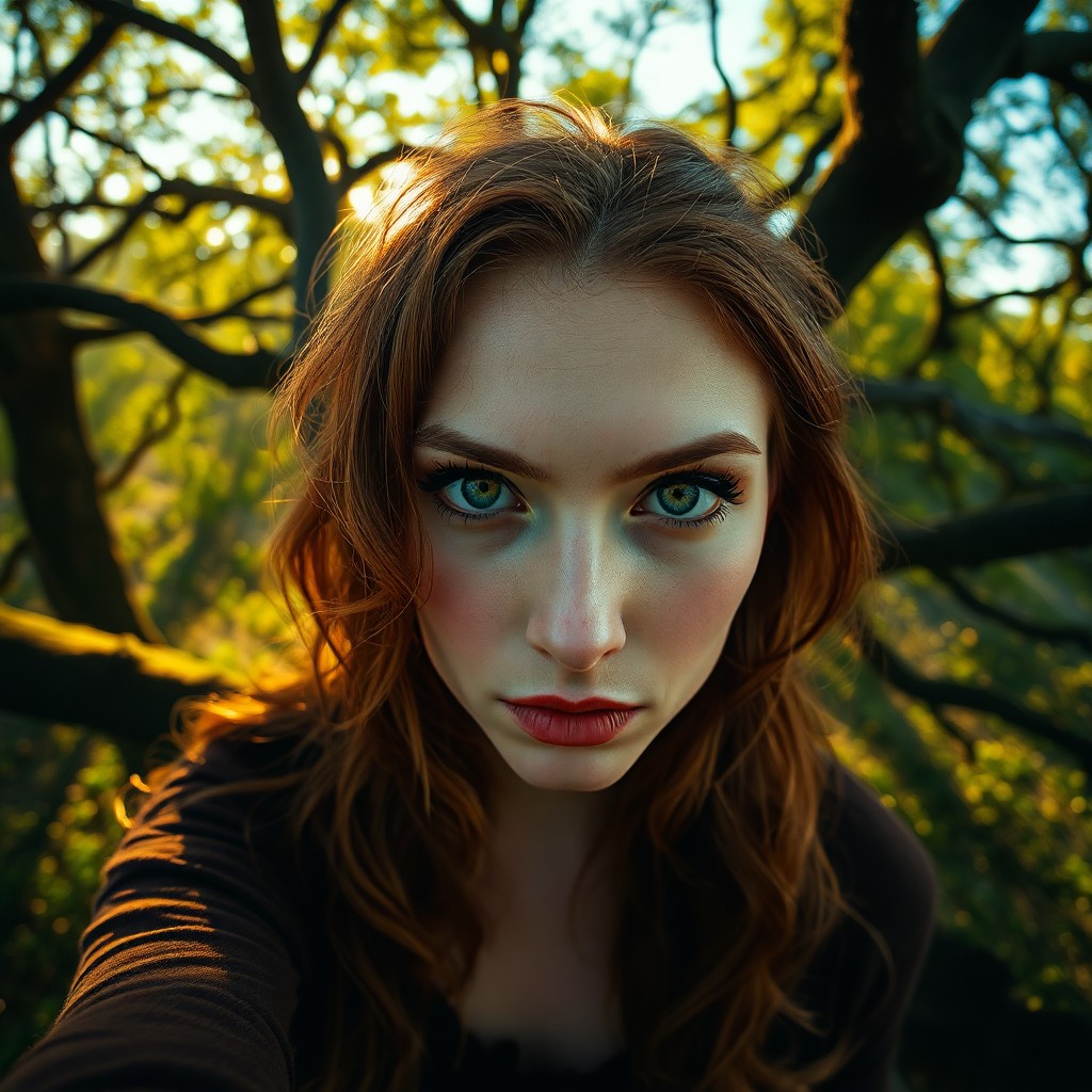 AI generated art for prompt: An ultrarealistic portrait photograph depicts an intense Eastern European woman with piercing green 