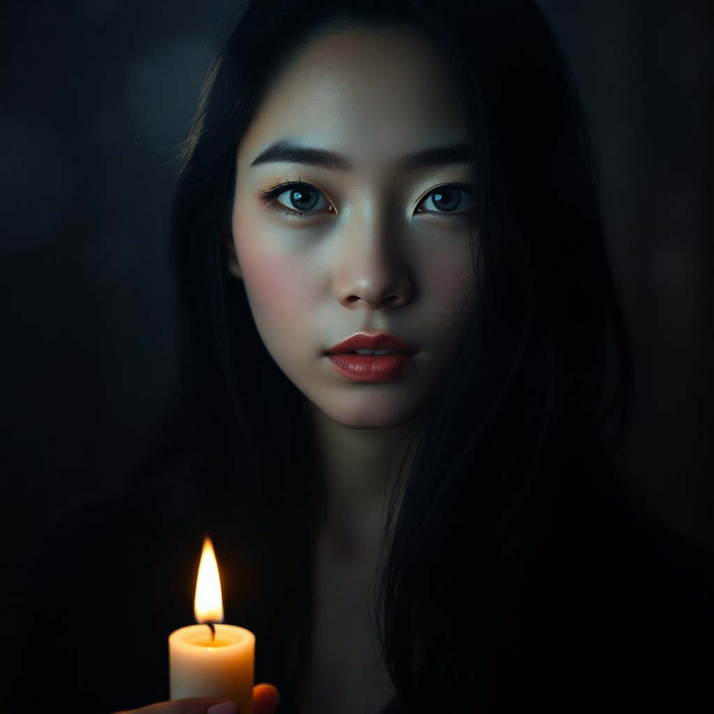 AI generated art for prompt: Imagine a hyperrealistic portrait of an East Asian woman with piercing blue eyes and an enigmatic au