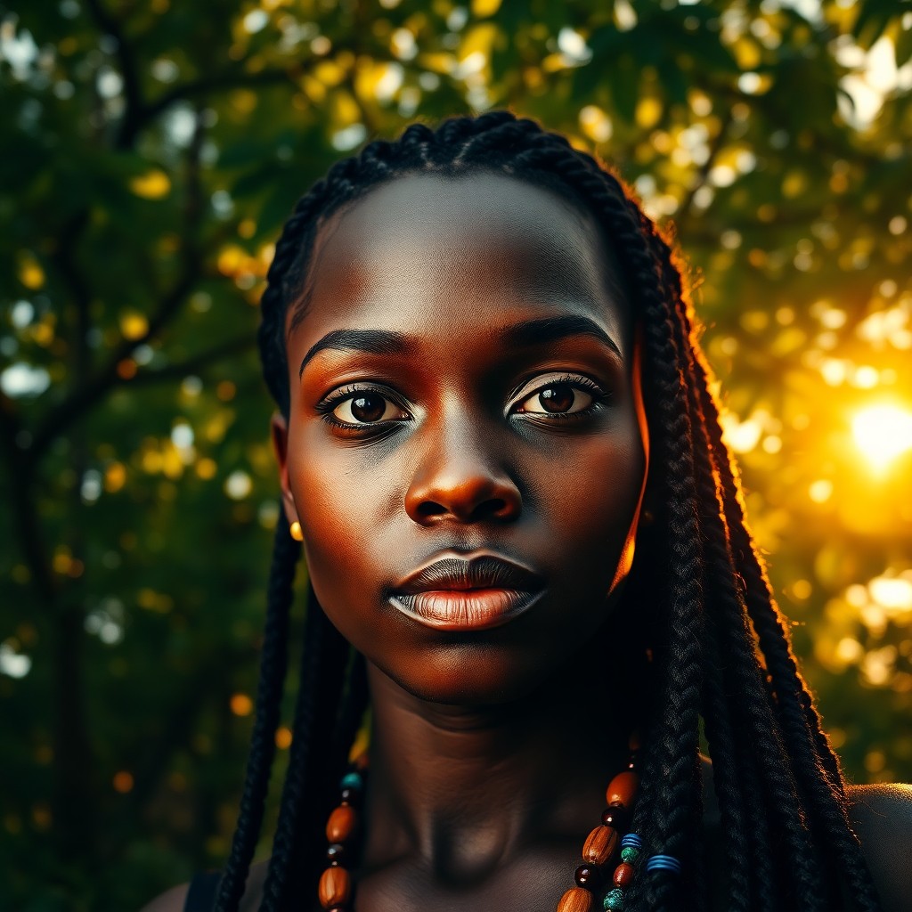 AI generated art for prompt: A photorealistic portrait photograph showcases an African woman with deep brown eyes and smooth, def