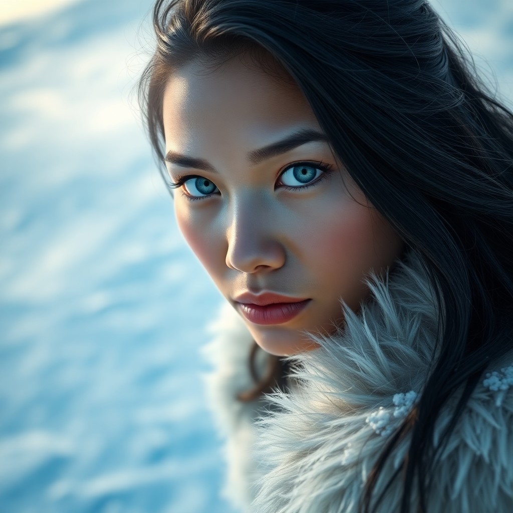 AI generated art for prompt: Imagine a photorealistic portrait of a Pacific Islander woman with striking blue eyes and raven-blac