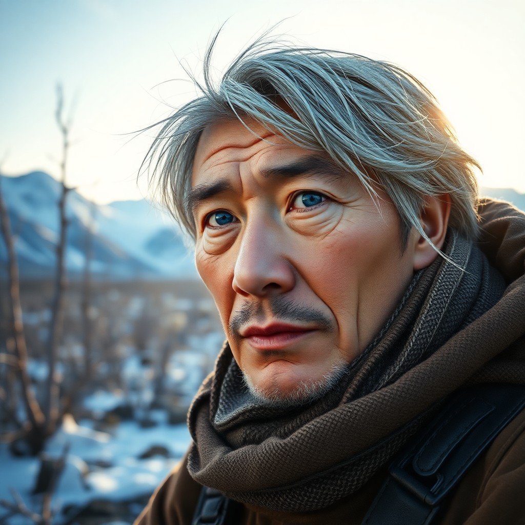 AI generated art for prompt: Create a photorealistic portrait of an East Asian explorer with deep blue eyes and windswept gray ha