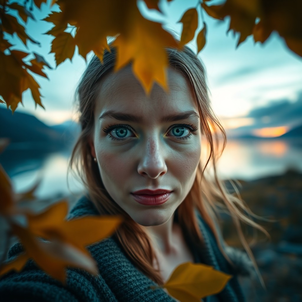 AI generated art for prompt: A photorealistic portrait captured by a smartphone camera reveals a Nordic woman with captivating em