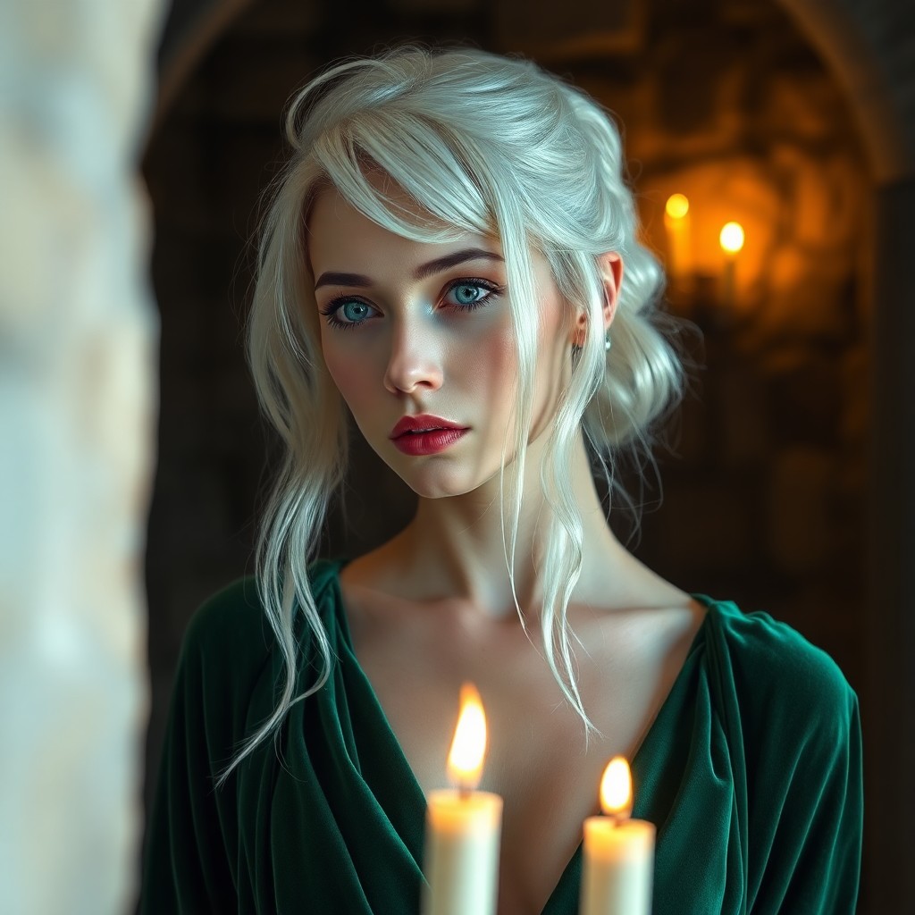 AI generated art for prompt: Craft a photorealistic portrait showcasing an enigmatic Nordic woman with piercing ice-blue eyes and