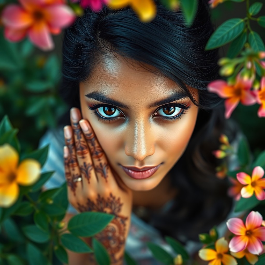 AI generated art for prompt: A photorealistic portrait captured with a film camera showcases a South Asian woman's serene express