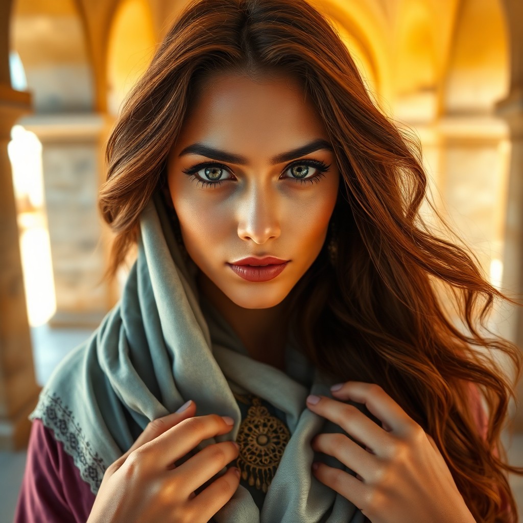 AI generated art for prompt: Craft a photorealistic portrait capturing the allure of a Middle Eastern woman with luminous dark ey