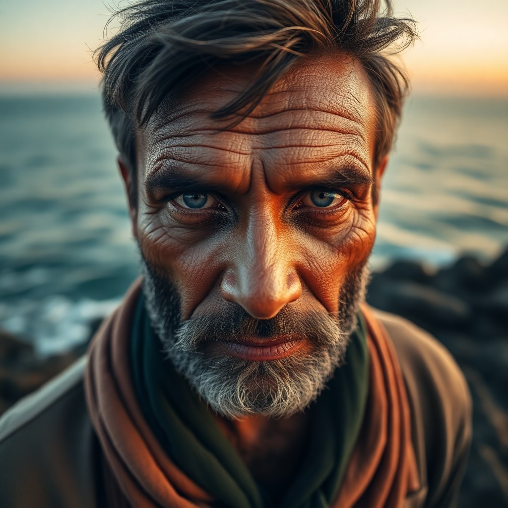 AI generated art for prompt: Imagine a portrait photograph of a South Asian seafarer with piercing blue eyes and rugged features 