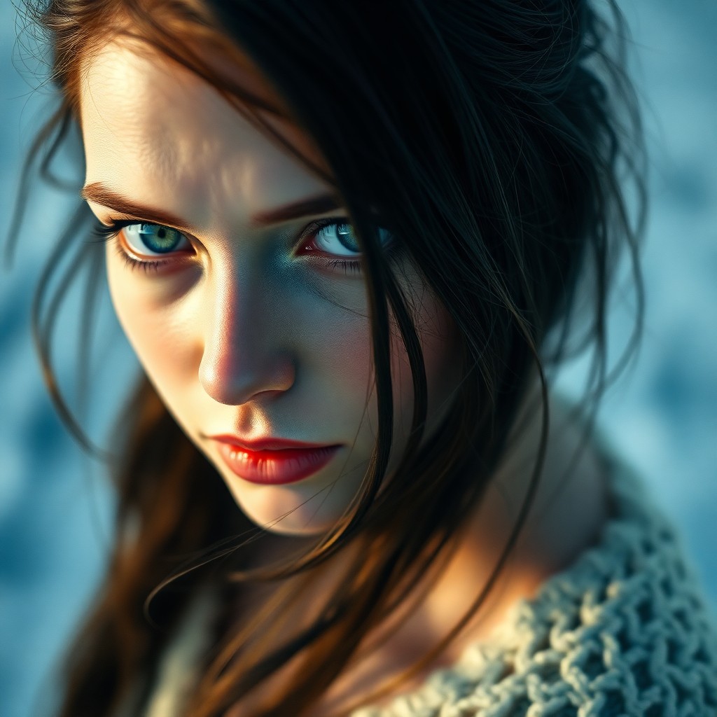 AI generated art for prompt: A photorealistic portrait depicts a Nordic woman with piercing blue eyes, her delicate features illu