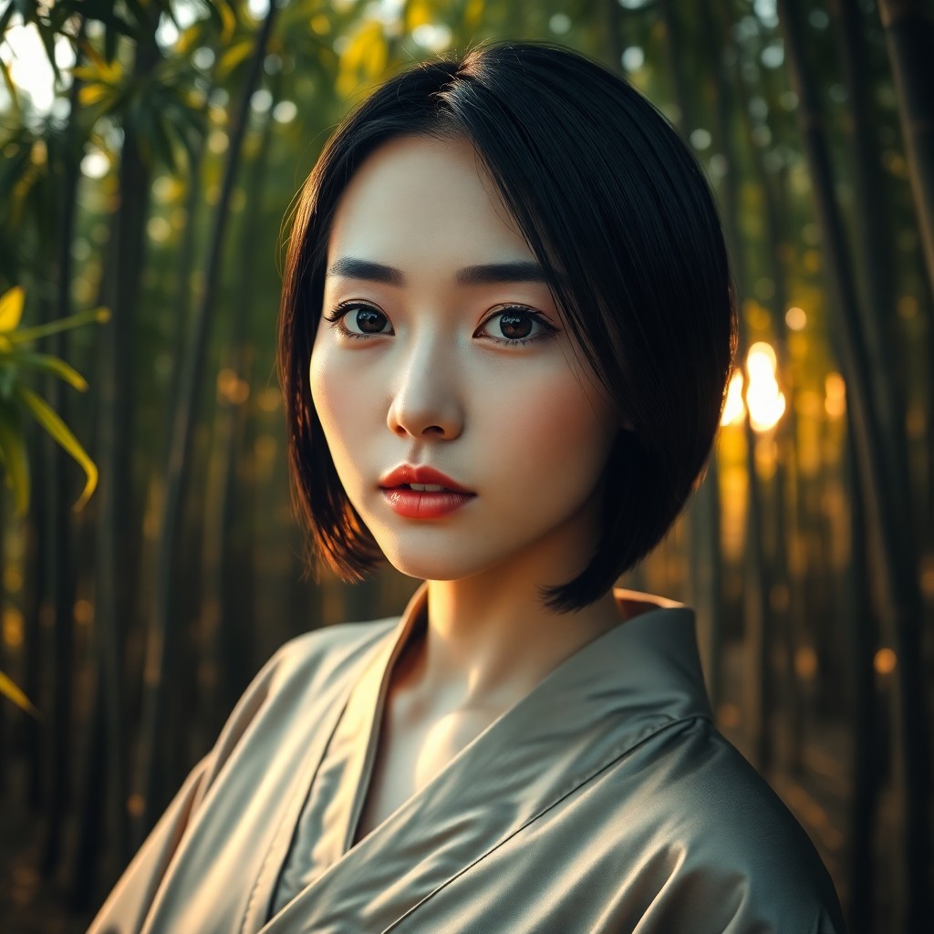 AI generated art for prompt: A super-realistic portrait showcases an East Asian woman in her early 30s with piercing amber eyes a