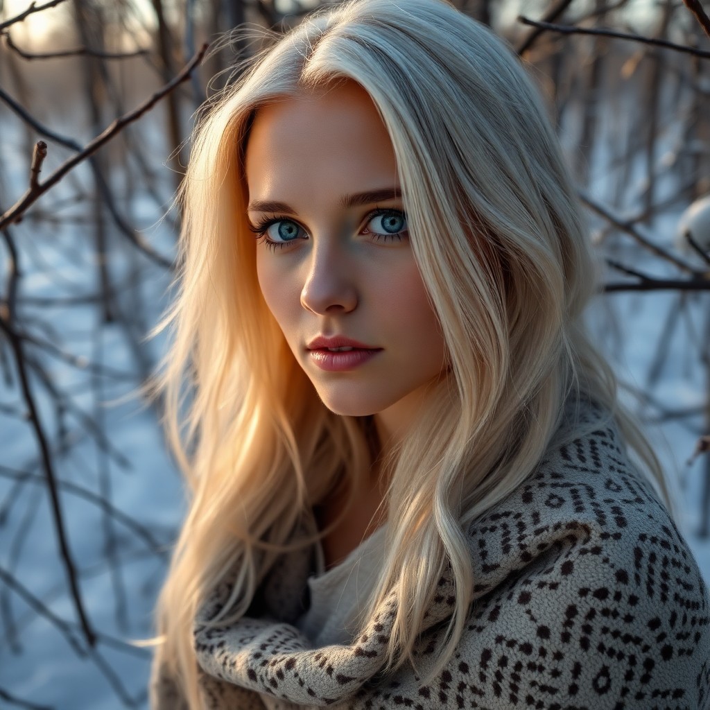 AI generated art for prompt: Craft a photorealistic portrait photograph showcasing a Nordic woman with piercing blue eyes and flo