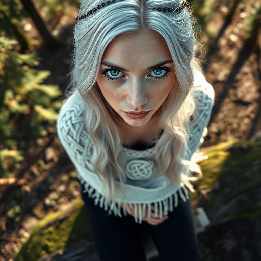 AI generated art for prompt: Envision a captivating portrait photograph of an enigmatic Nordic woman with piercing ice-blue eyes 