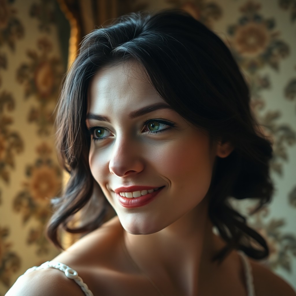 AI generated art for prompt: Envision a captivating East European woman, 35 years old, with mesmerizing emerald eyes and jet-blac