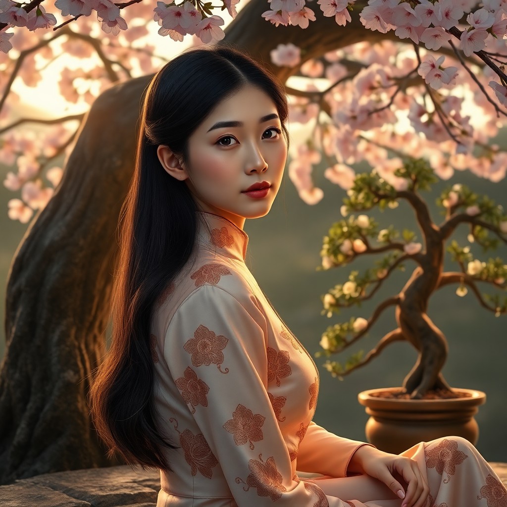 AI generated art for prompt: A photorealistic portrait showcases a young East Asian woman with striking features, her almond-shap