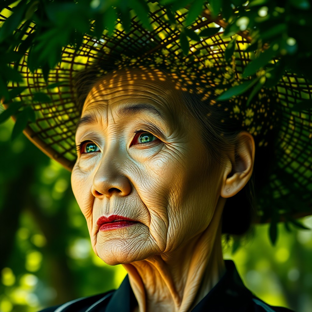 AI generated art for prompt: Envision a portrait of an elderly East Asian woman with porcelain skin and gentle wrinkles, her emer