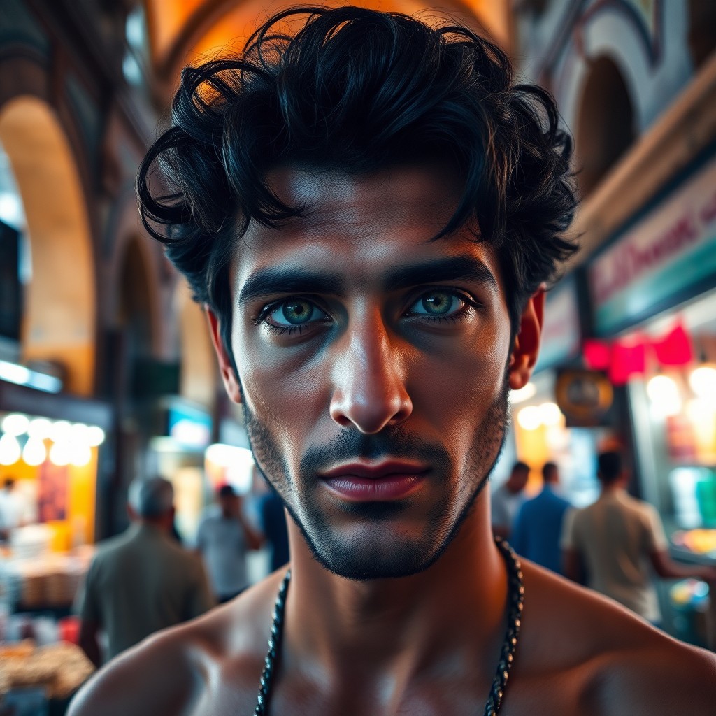 AI generated art for prompt: Imagine a captivating portrait of a Middle Eastern man with piercing green eyes and olive skin, his 