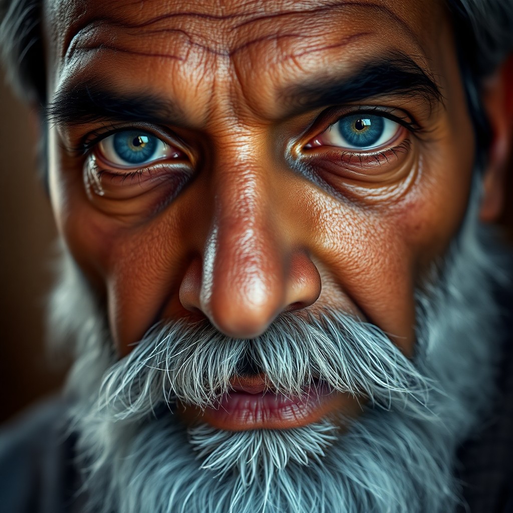 AI generated art for prompt: Imagine a DSLR portrait of an imposing South Asian man with striking blue eyes and a well-groomed sa