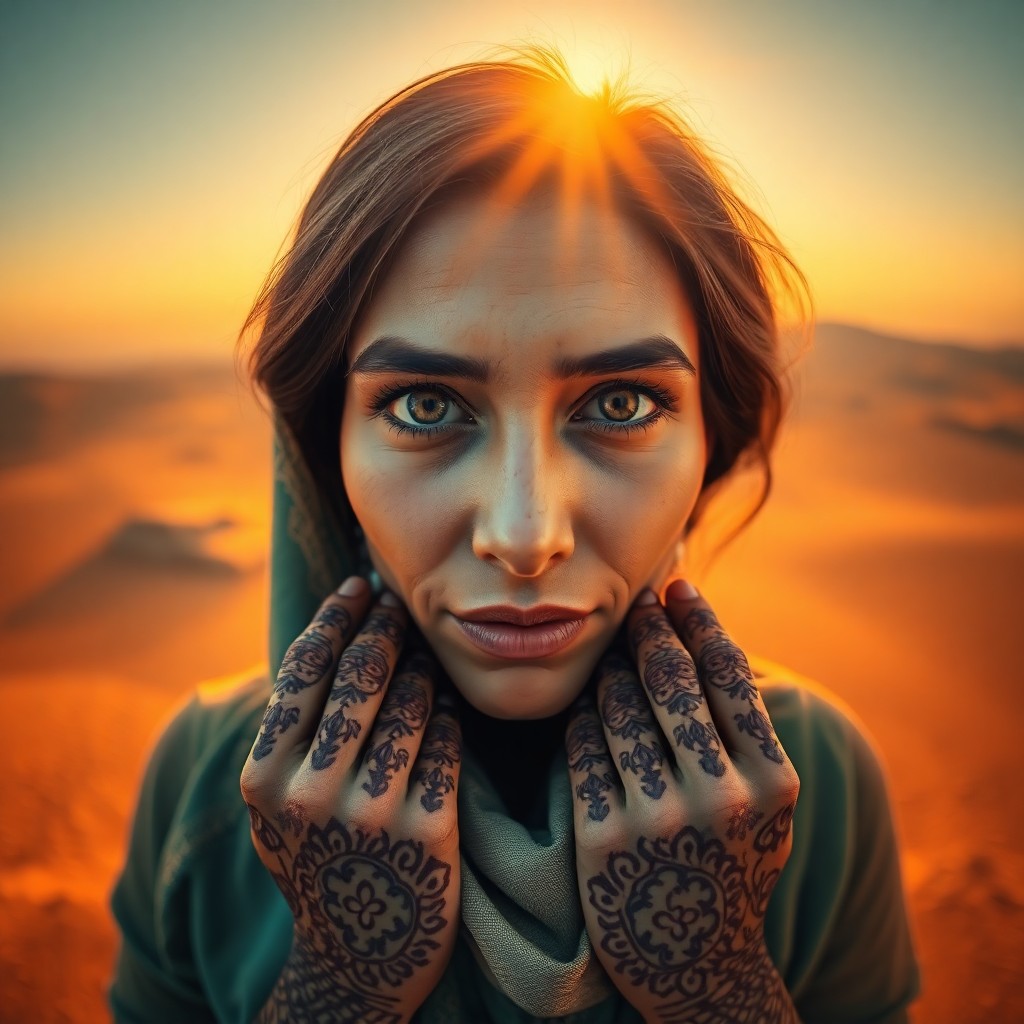 AI generated art for prompt: Mesmerizing portrait of a Middle Eastern woman with olive skin and rich chestnut hair, captured in h