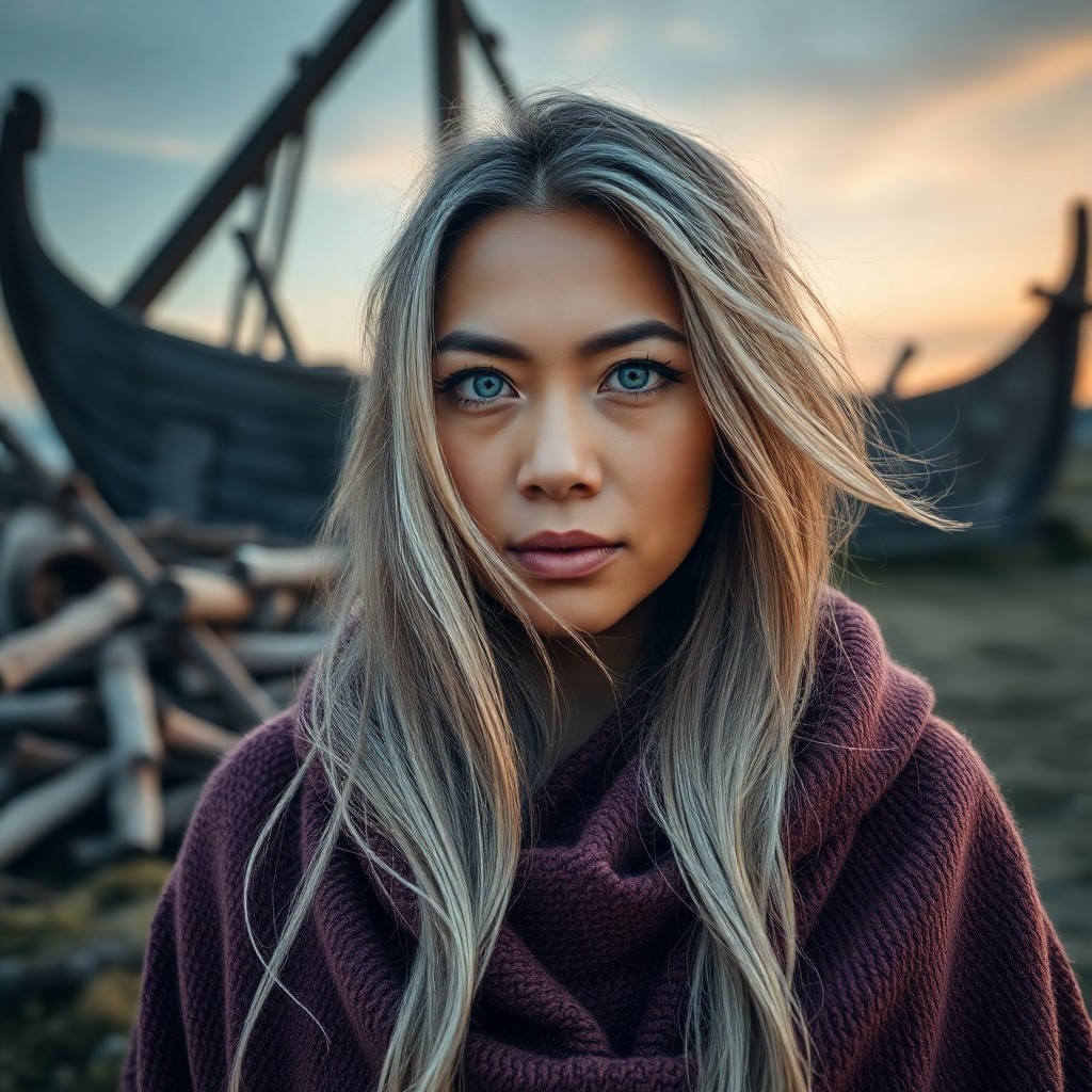 AI generated art for prompt: Imagine a captivating portrait photograph of a Pacific Islander woman with piercing blue eyes and lo