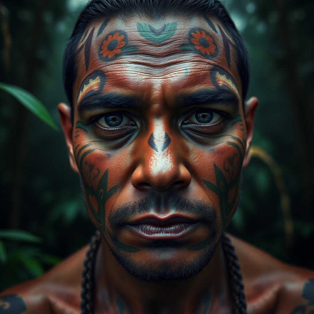 AI generated art for prompt: A portrait photograph showcases a Maori tribesman's essence with piercing dark eyes and intricate fa