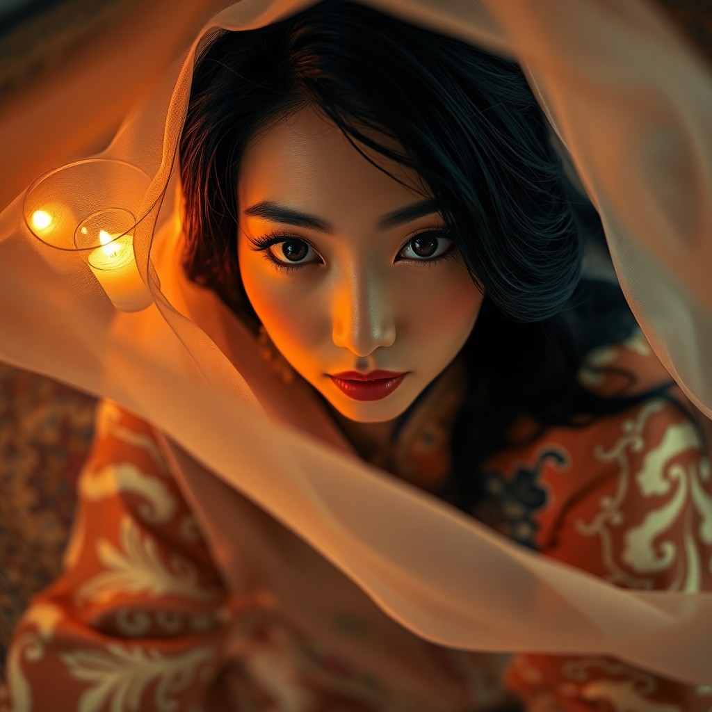 AI generated art for prompt: Envision a captivating portrait captured on an iPhone, showcasing an East Asian woman's enigmatic al