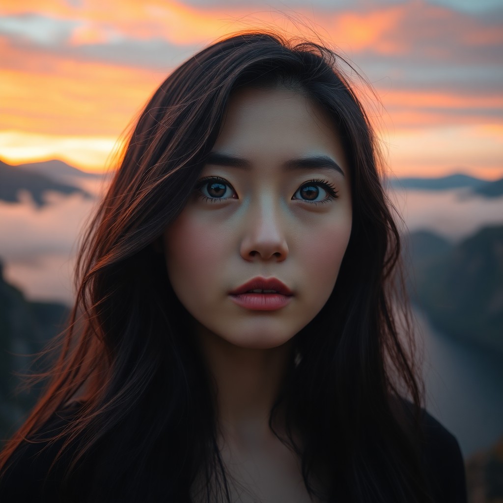 AI generated art for prompt: A photorealistic portrait photograph showcases an East Asian woman with striking ice-blue eyes and r