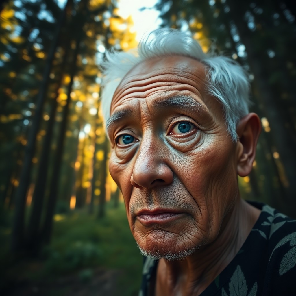 AI generated art for prompt: Craft a photorealistic portrait of an insightful Pacific Islander elder with vivid blue eyes and sho