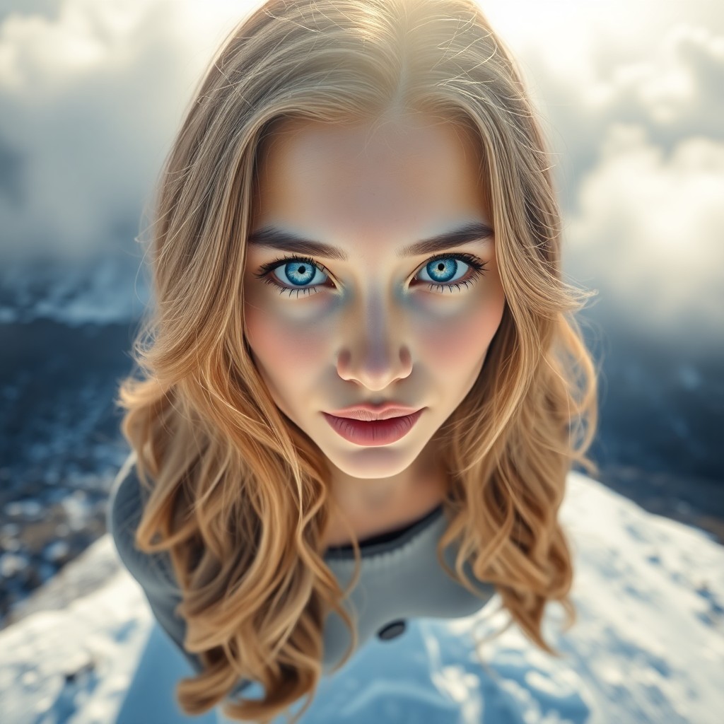 AI generated art for prompt: Craft a photorealistic portrait of a Pacific Islander woman with piercing blue eyes and long, golden