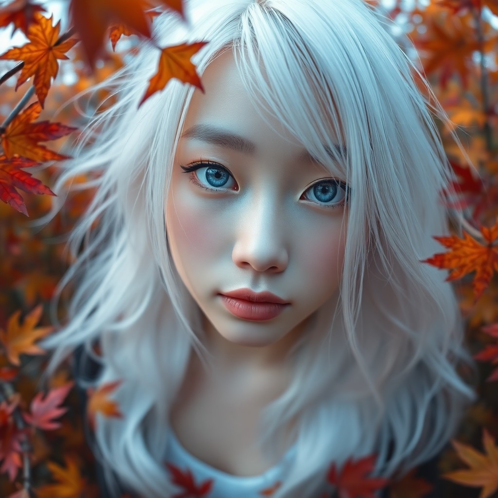 AI generated art for prompt: Create a photorealistic portrait of an East Asian woman with striking ice-blue eyes and cascading pl