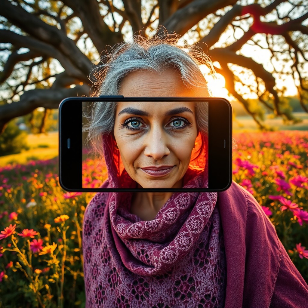 AI generated art for prompt: A smartphone captures a South Asian woman's piercing blue eyes and ageless face framed by silver hai