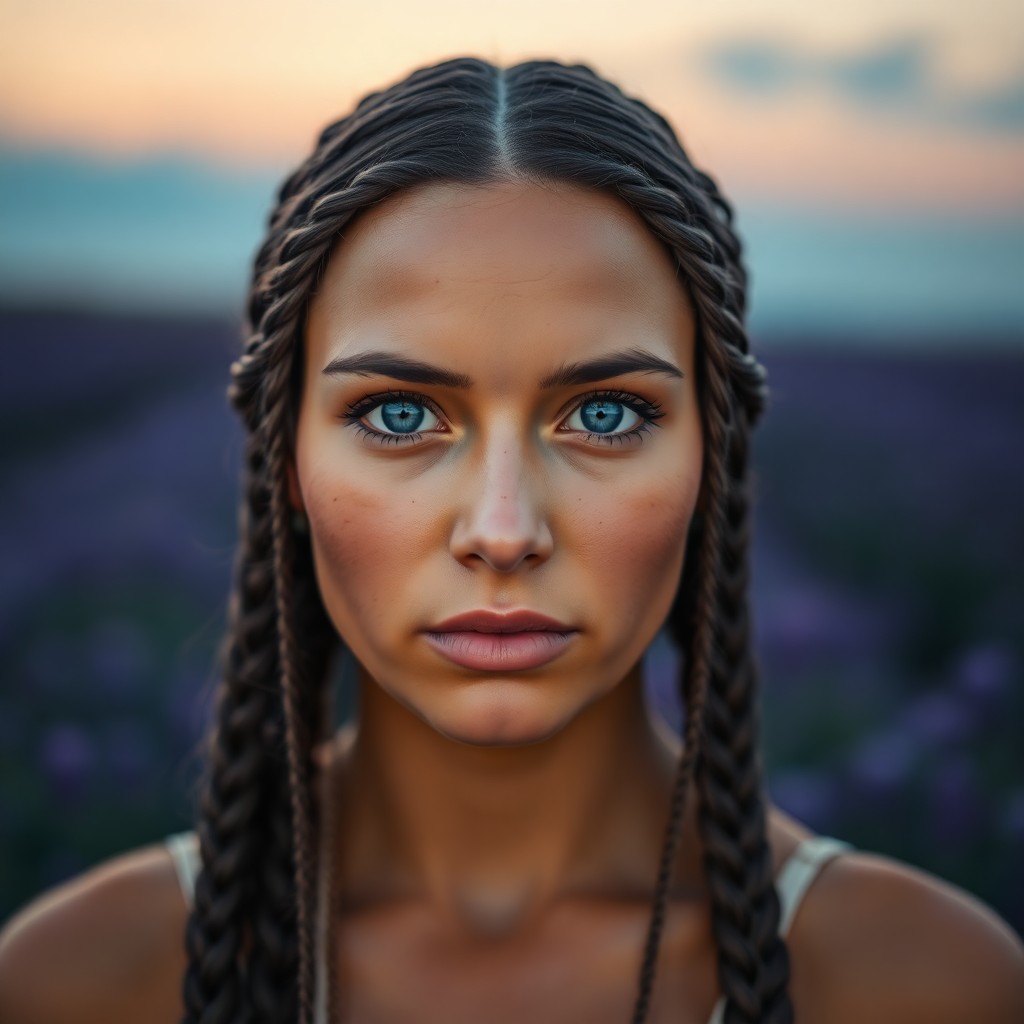 AI generated art for prompt: A DSLR captures a Native American woman's piercing blue eyes and intricate braids as she stands in a