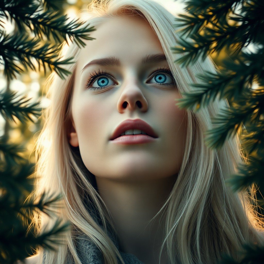 AI generated art for prompt: Imagine a photorealistic portrait photo of a Nordic woman with piercing ice-blue eyes and porcelain 