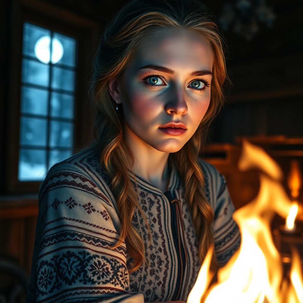 AI generated art for prompt: Craft a photorealistic portrait photograph showcasing an enigmatic Nordic woman with piercing blue e