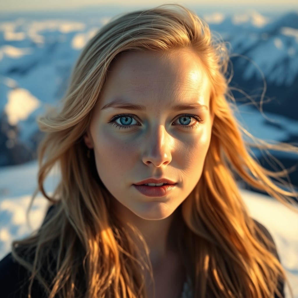 AI generated art for prompt: A portrait photograph showcases a Nordic woman's essence with piercing blue eyes and flowing golden 