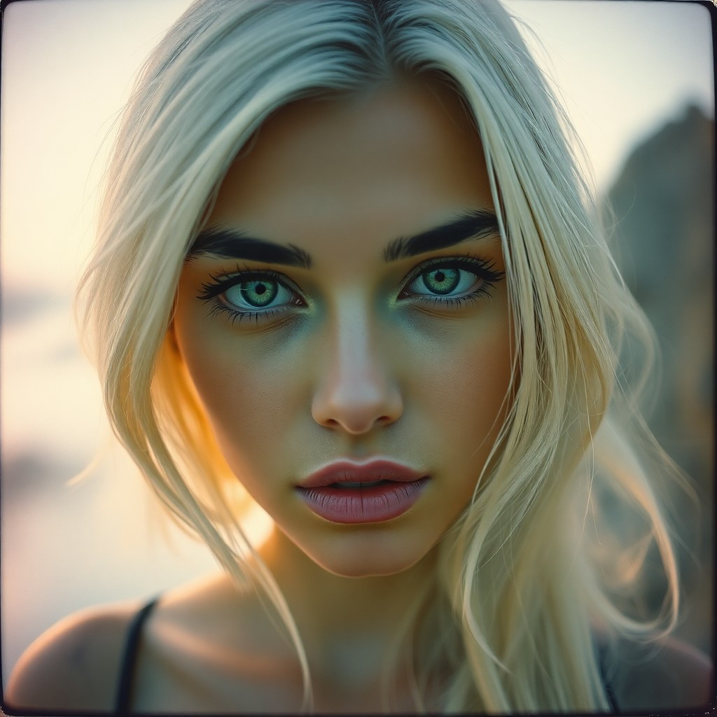 AI generated art for prompt: A captivating portrait photograph of an enigmatic Hispanic woman with piercing green eyes and silky 