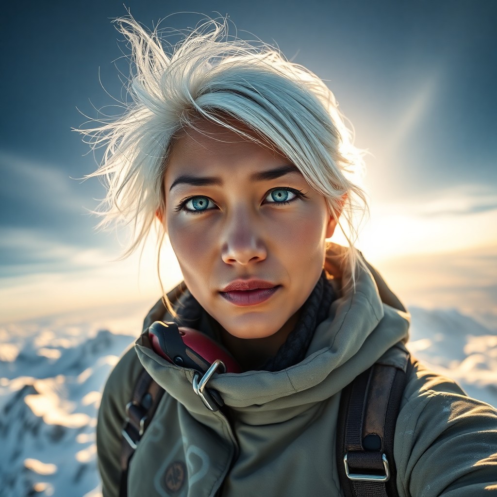 AI generated art for prompt: Imagine a captivating portrait photo of a Pacific Islander female adventurer with striking ice-blue 