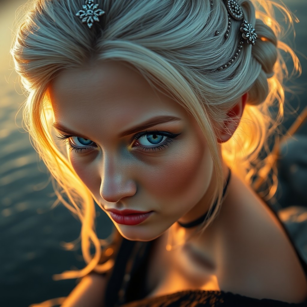 AI generated art for prompt: A hyperrealistic portrait showcases a captivating Slavic woman with piercing blue eyes and lustrous 