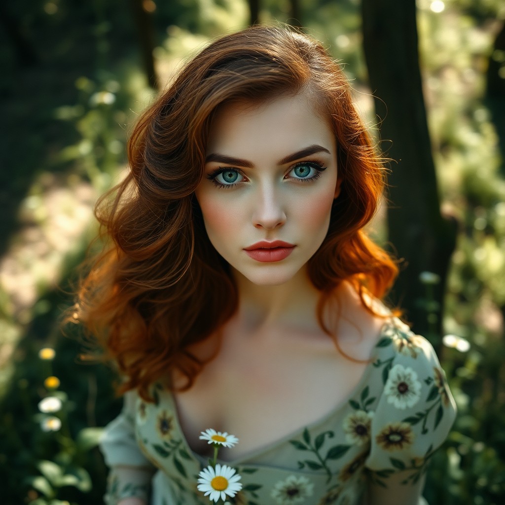 AI generated art for prompt: A film camera captures an enigmatic Easter European woman with lush chestnut hair and piercing emera