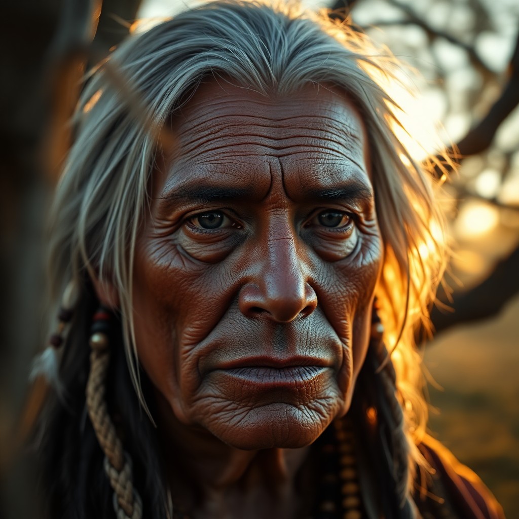 AI generated art for prompt: An ultrarealistic portrait showcases a Native American shaman's enigmatic expression, his deep eyes 