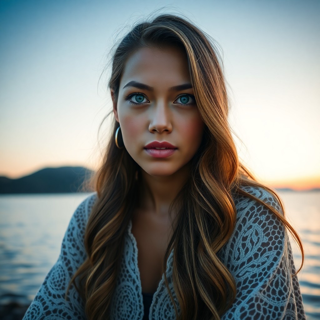 AI generated art for prompt: Capture a photorealistic portrait of a Pacific Islander woman with striking blue eyes and long, gold