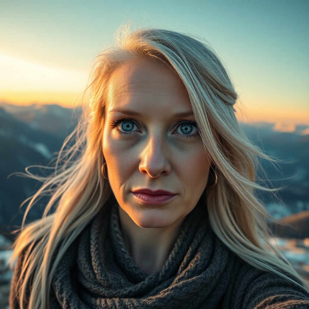 AI generated art for prompt: Envision a smartphone-captured portrait of a captivating Nordic woman with striking blue eyes and fl